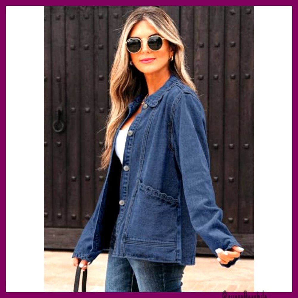 Oversized Denim Shacket, Ruffled Button Down, Cot… - image 3